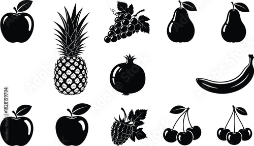 Fruit silhouette set, vector illustration collection of apple, pineapple, grapes, pear, banana and berries, black icons isolated on white background, fresh healthy food symbols.