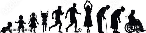 Human life cycle silhouettes, vector illustration showing people from baby to senior, growth stages, aging process, generations, development, male and female figures, isolated white background.
