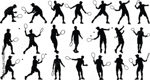 Tennis player silhouette set, vector illustration of male athletes playing sport, serving and hitting ball, black shapes isolated on white background, game action collection.
