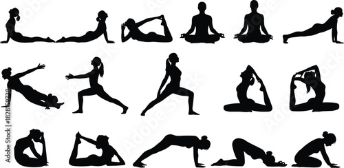 Yoga silhouette set, vector illustration of woman doing various poses, fitness exercises, meditation, stretching, black shapes isolated on white background, female workout collection.