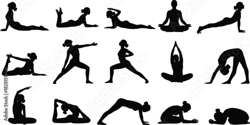 Yoga silhouette set, vector illustration of woman doing yoga poses, fitness exercises, meditation, stretching, black shapes isolated on white background, female workout collection.