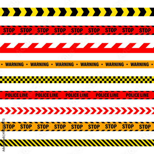Barricade construction tape. Colorful police warning line, brightly colored danger or hazard stripe, ribbon. Restricted area, zone. Attention symbol. Vector illustration