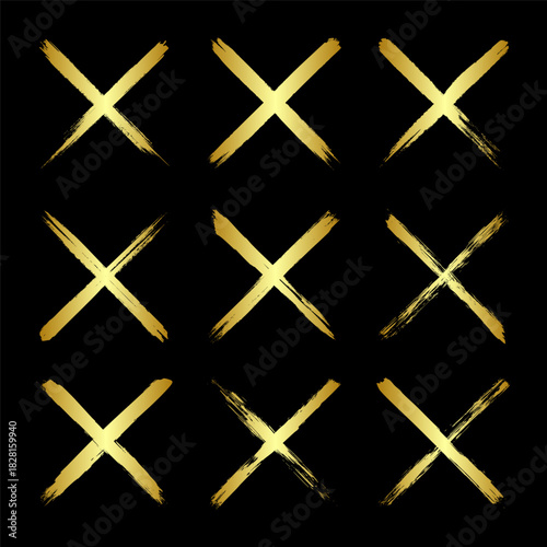 Golden grunge crosses, brush strokes, lines, ink smudges, hand-drawn scribble shapes. Handmade sketchy marks, acrylic stains, charcoal streaks. Paint textures, dry brush effect. Vector illustration