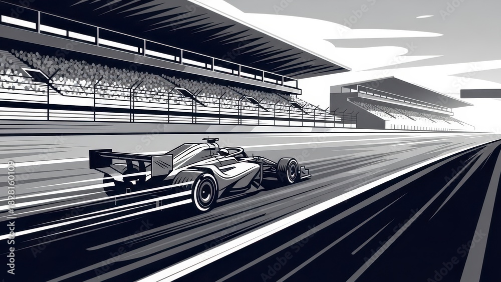Obraz premium Formula 1 Race Car Speeding Down Track Towards Grandstands.