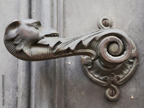 Ornate antique metal door handle with animal- shaped design on an old wooden door.