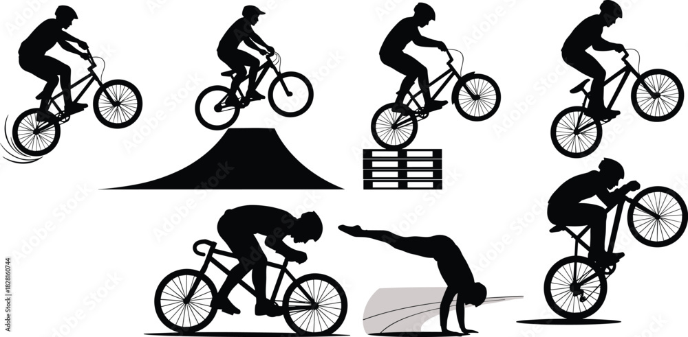 Fototapeta premium Black silhouette of B M X cyclists performing stunts and jumps on white background