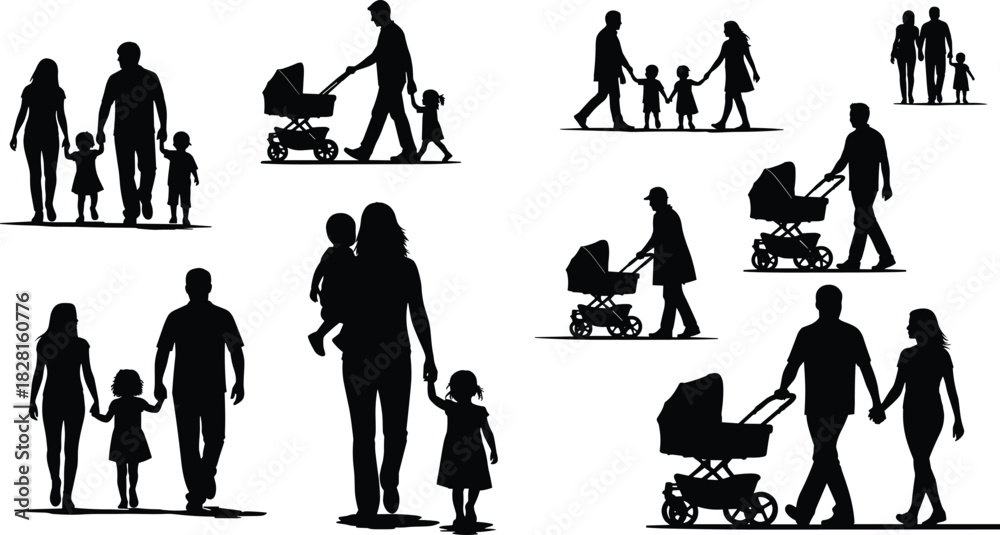 Obraz premium Black silhouettes of families walking with children and strollers family people