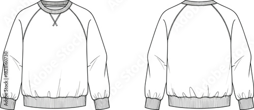 Black and white line drawing of a raglan sleeve sweatshirt front and back views front view
