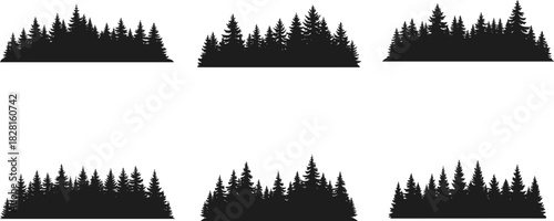 Black silhouette of dense evergreen forest tree line against white background trees