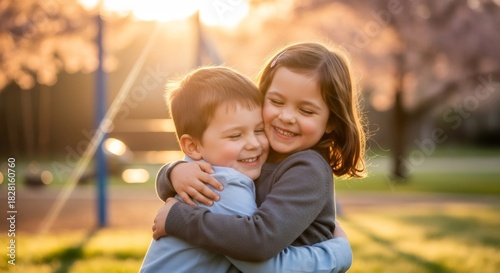 Little boy and girl hugging each other. Concept of sibling love, friendship, and childhood joy in a sunlit park.