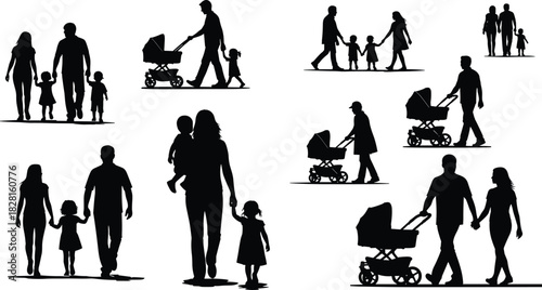 Black silhouettes of families walking with children and strollers family people