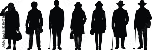 Black silhouettes of people in coats and hats holding bags and golf clubs black and white