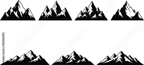 Collection of black and white mountain range silhouettes with sharp peaks mountains