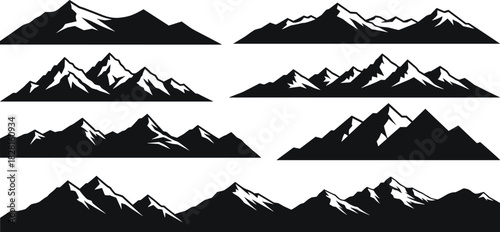 Collection of black and white mountain range silhouettes with snow accents mountains