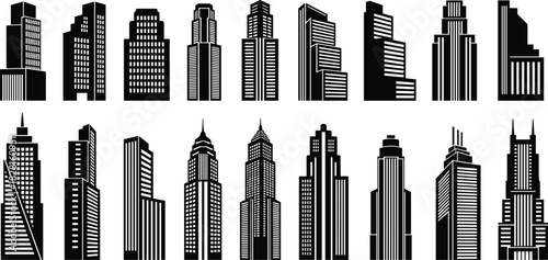 Collection of Black and White Stylized Skyscraper Silhouettes building architecture