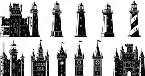 Collection of black and white silhouette illustrations of lighthouses and castles