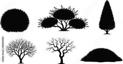 Collection of black silhouette trees and bushes on white background shrub foliage