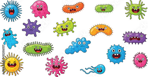 Collection of cartoon bacteria and viruses with various expressions germ microbe