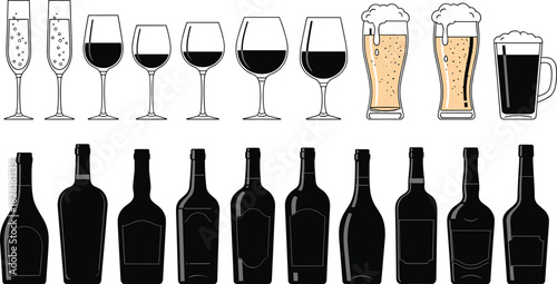 Collection of drink glasses and bottles with wine beer and champagne flute glass