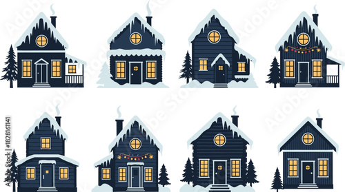Collection of eight dark blue winter houses with snow covered roofs and glowing windows