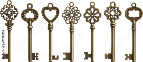 Collection of ornate antique bronze keys with decorative bow designs antique key