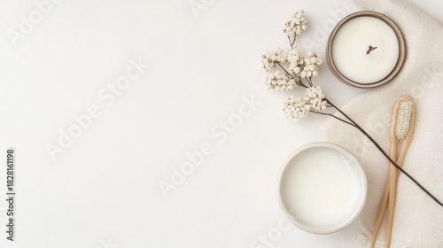 Minimalist Spa Concept Candle, Flowers and Bamboo Toothbrushes, Spa, Wellness