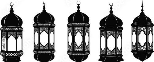Five black Islamic lanterns with intricate patterns and crescent moons Ramadan lantern
