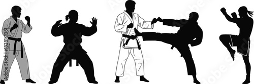 Five martial arts figures in action poses black and white and grey karate taekwondo