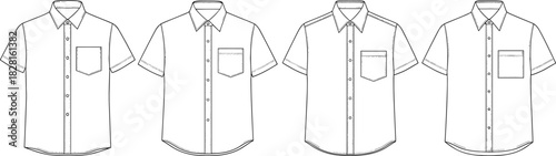 Four black and white line drawings of short sleeve button down shirts with pockets
