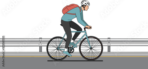 Man wearing helmet and backpack riding a blue bicycle on a road with a guardrail