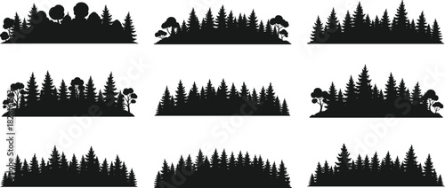 Nine black silhouette forest borders with pine trees and deciduous trees vector