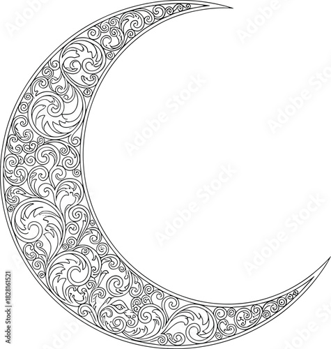 Ornate Crescent Moon with Swirling Filigree and Floral Motifs vector