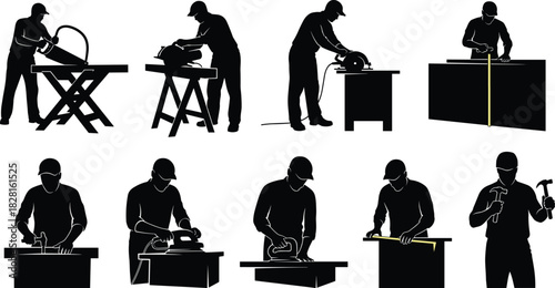 Silhouettes of carpenters performing various woodworking tasks with tools craftsman