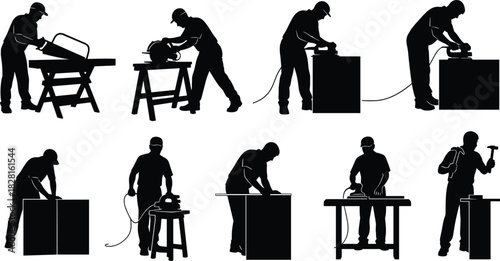 Silhouettes of woodworkers using various tools on workbenches carpenter craftsman