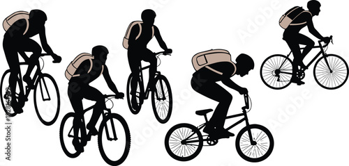 Silhouettes of cyclists with backpacks in various poses on bicycles riding