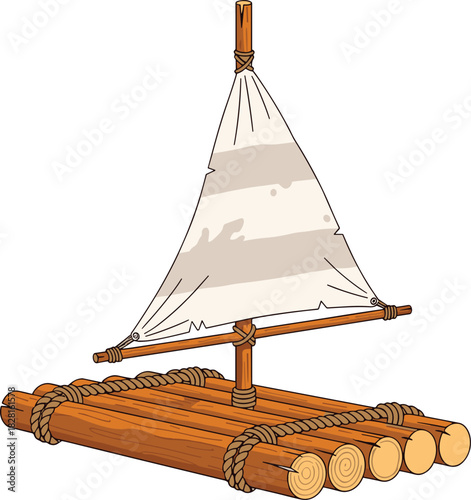 Simple wooden raft with a triangular sail and rope lashings boat sailing