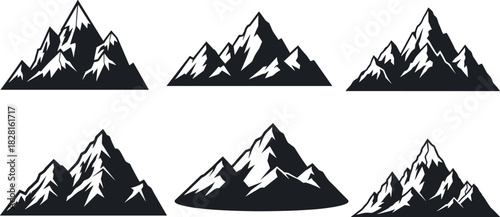 Six stylized dark gray mountain range silhouettes with sharp peaks and snowy accents on a white background