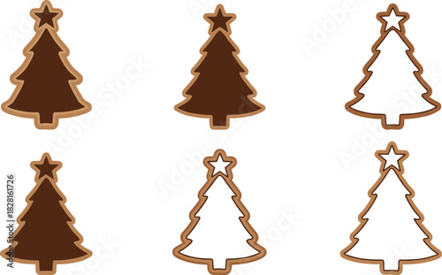 Six Christmas tree shaped cookies with brown icing and star toppers gingerbread