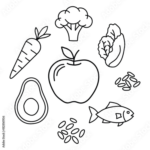 Healthy food icons arranged in a circle with an apple in the center