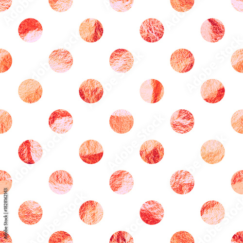 Rose gold foil seamless texture, shiny handmade circles. Golden glittering pattern. Shining hand drawn background. Wedding, greeting card decoration. Modern minimalist art. Vector illustration