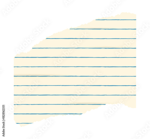 Beige torn paper scrap from lined vintage notebook sheet. Grunge paper cut out for mixed media design. Trendy element for collage, modern retro vector illustration on transparent background