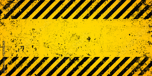 Warning sign with yellow and black diagonal lines. Attention, danger or caution symbol. Construction site signage, road safety notice, hazard banner, security alert shield. Vector illustration