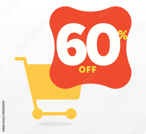 60% off, advertising, promo, sale, design, poster, shop cart, discount, offer, clearance, tag. Market, store, vector, shape, set, icon. sign, retail, annual, banner