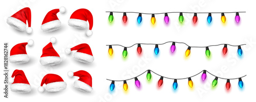 Christmas glowing lights. Festival garlands with colorful bulbs. Greeting card design element. New Year, winter holidays