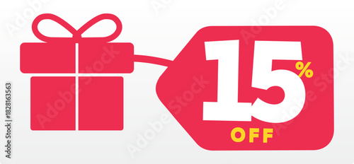 15%, purchase, promo, box, label, commerce, price, value, discount, store, marketing. Vacation, holiday, happy, birthday, special, box, gift, december, Merry Christmas, party. Icon, vector, shape