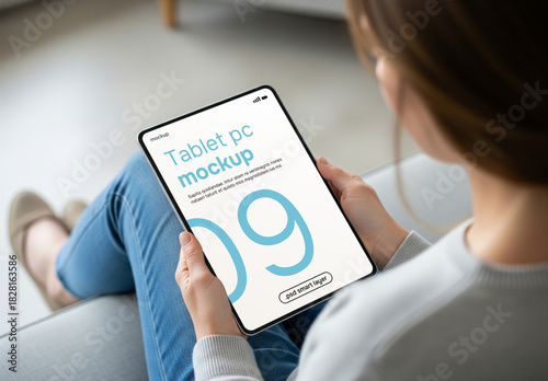 A woman using a tablet pc mockup