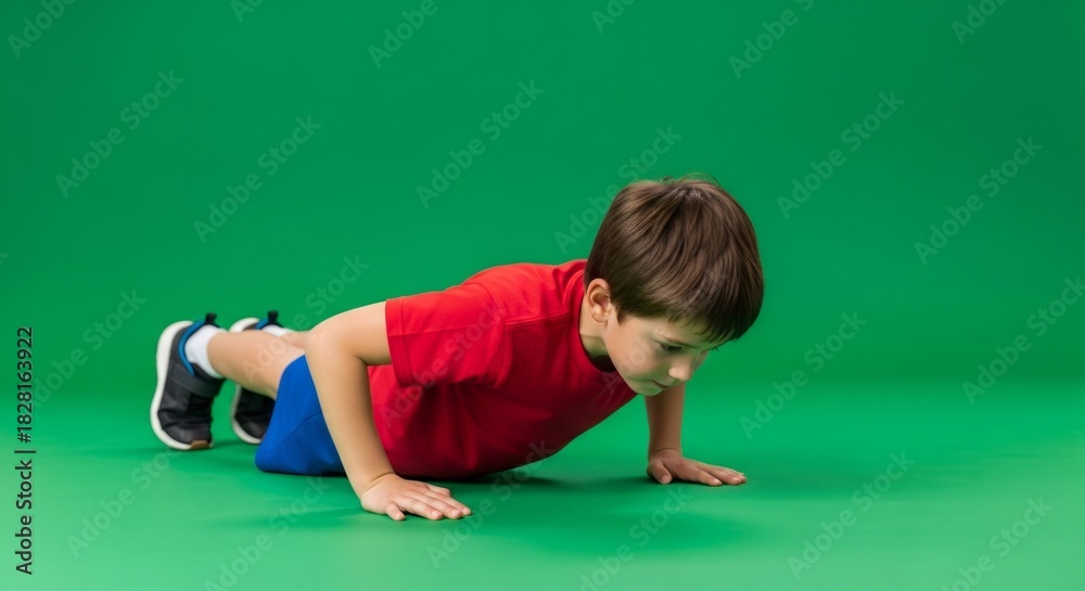 Fototapeta premium Boy in red shirt doing push up on green screen background. Kid performing exercise as sport training action. Chromakey effect for video.