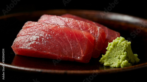 Fototapeta Naklejka Na Ścianę i Meble -  極上の赤身と鮮烈わさび：黒背景に映える高級マグロ刺身の誘惑
