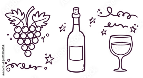 Whimsical wine-themed line art illustrations featuring grapes, bottle, and glass with copy space