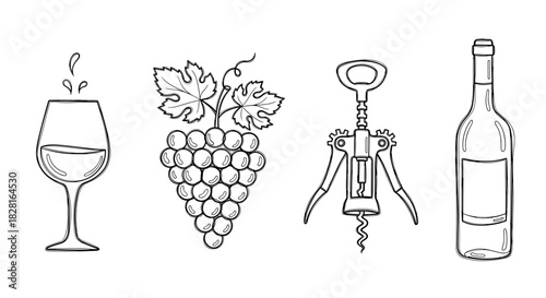 Line art wine-themed illustrations with copy space for beverage branding concept